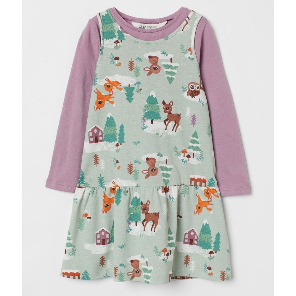 H&M Girls Holiday Winter Wonderland Jumper Dress & Lilac Shirt Outfit Size 6x